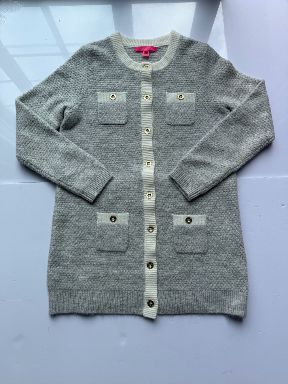 Lilly Pulitzer Davison Cardigan Sweater Jacket Gray White Trim M EUC